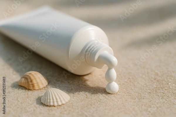 Obraz Sunscreen tube with droplets on sand near seashells