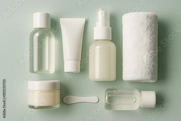 Obraz Neatly arranged travel sized toiletry kit with mini bottles and towel