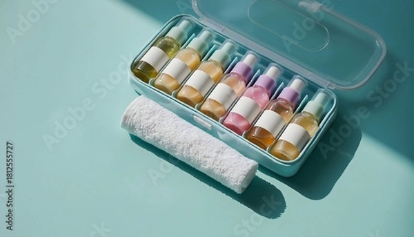 Obraz Travel toiletry kit with mini bottles and rolled towel neatly arranged