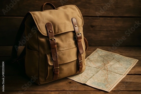 Obraz Vintage Canvas Backpack with Leather Straps Next to a Folded Map