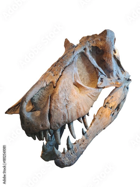 Fototapeta Authentic and detailed close-up of a massive Tyrannosaurus Rex dinosaur skull fossil, a prehistoric predator bone specimen, professionally isolated on a clean white background