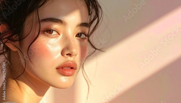 Fototapeta A serene portrait with pastel gradient lighting, soft shadows, warm neutral tones, and an expressive calm visual mood.