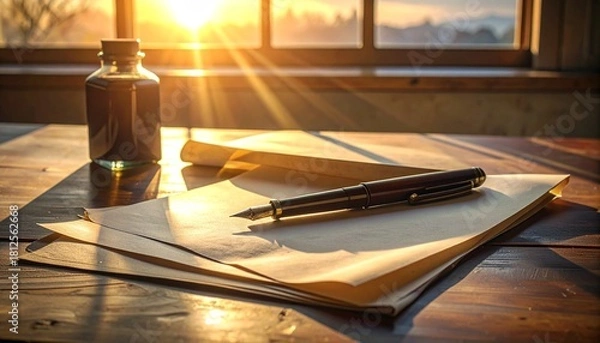 Fototapeta A sunlit desk with handmade paper sheets, ink bottle, fountain pen and soft shadows, capturing a calm intentional creative moment.
