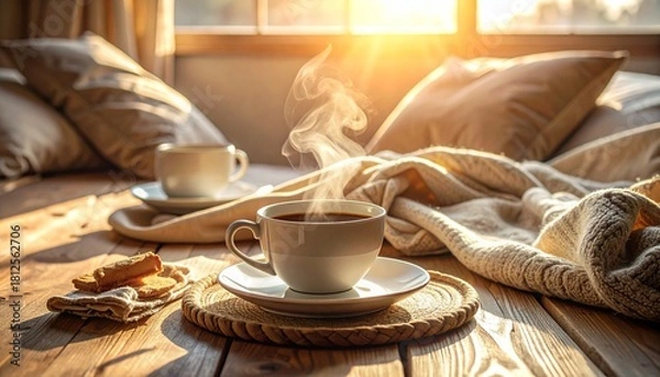 Fototapeta A warm morning scene with a cup of coffee on a wooden table, soft sunlight, linen textures and a cozy relaxed weekend atmosphere.