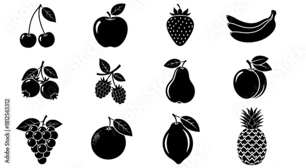 Fototapeta Collection of black fruit silhouettes on white background