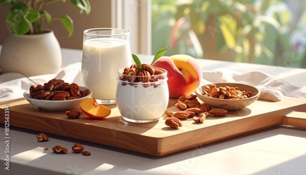 Fototapeta A wooden board arranged with nuts, fruits, yogurt and soft natural light, creating a clean wholesome food composition.