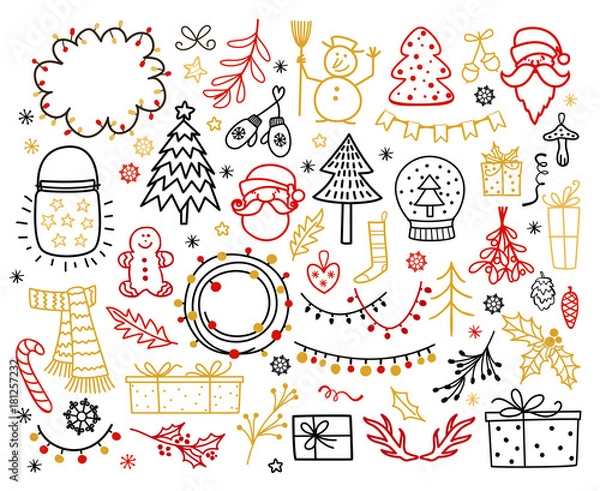 Obraz Big set of Christmas design element in doodle style. Winter holiday vector illustration