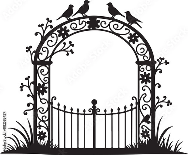 Obraz Black silhouette of ornate garden arch with birds and gate