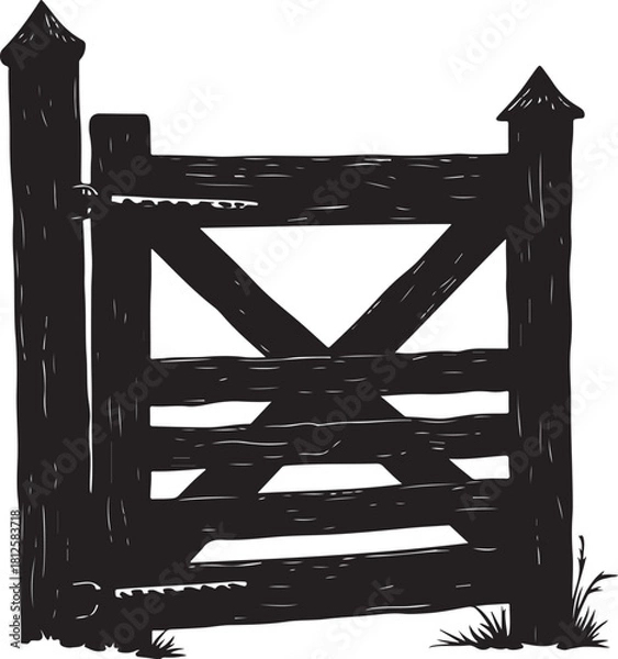 Fototapeta Black wooden farm gate with pointed posts and grass