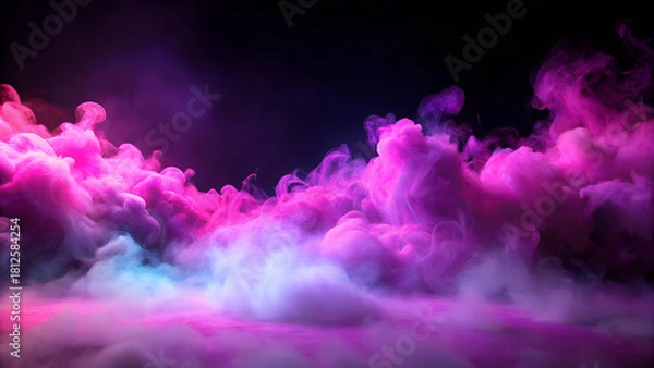 Obraz Pink fog and smoke background with neon glow, 3D atmospheric rendering. Soft swirling haze floating in the dark, creating a mysterious, magical mood. Abstract panoramic cloud of pink mist isolated