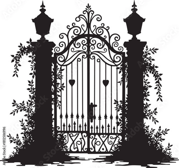 Obraz Ornate black wrought iron gate with lamps and vines