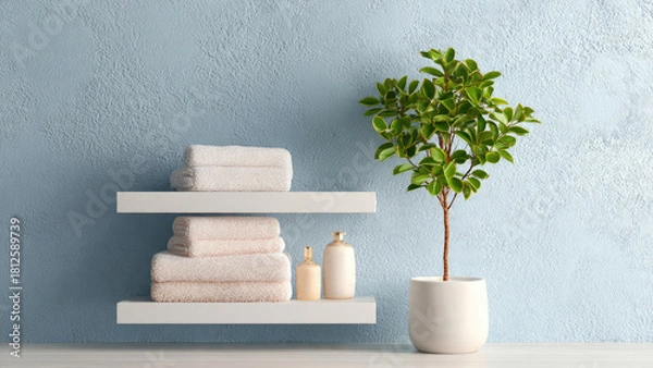 Fototapeta A serene minimalist bathroom features floating shelves with neatly folded towels and toiletries, complemented by a vibrant potted green plant against a textured blue wall.