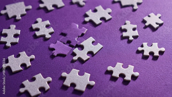 Fototapeta Silver jigsaw puzzle pieces lie scattered on a vibrant purple background, waiting to be assembled, symbolizing challenge and problem-solving.