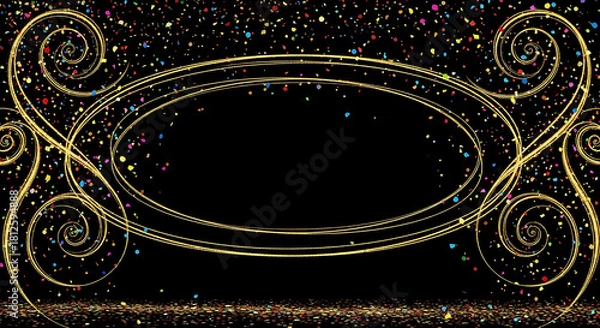 Obraz Ornamental event background with a central focus, featuring energetic golden decorative elements and a dramatic downpour of festive, brightly colored confetti.