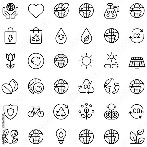 Obraz Set of ecology and environment icons thin line vector glyphs for sustainable living and green energy isolated on white background