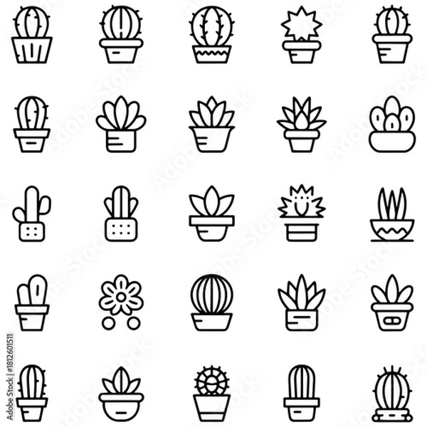 Obraz Collection of minimalist cactus icons simple line art vector design elements isolated on white background for app and web design