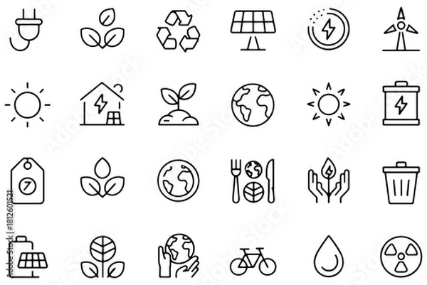 Obraz Set of eco and green energy icons simple line vector symbols for sustainable living isolated on white background