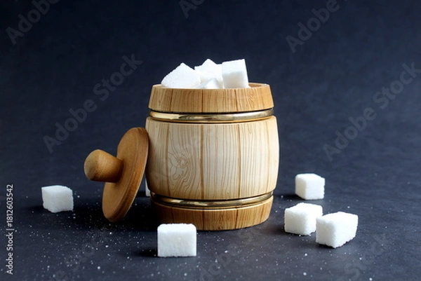 Fototapeta On a black background there is a wooden sugar bowl and a barrel with refined sugar.