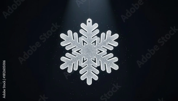 Obraz White snowflake ornament hanging against dark background with spotlight
