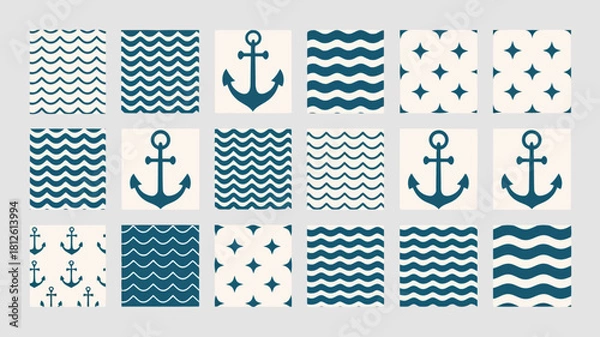 Obraz Nauticalthemed patterns featuring anchors, waves, and stars in blue and white