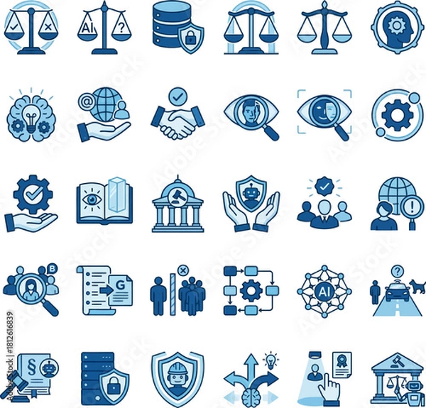 Obraz AI Ethics and Governance Icons Set – AI Law, Data Privacy, Transparency, Security, Accountability