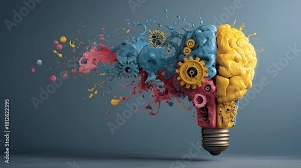 Obraz Creative brain shaped light bulb exploding with colored paint
