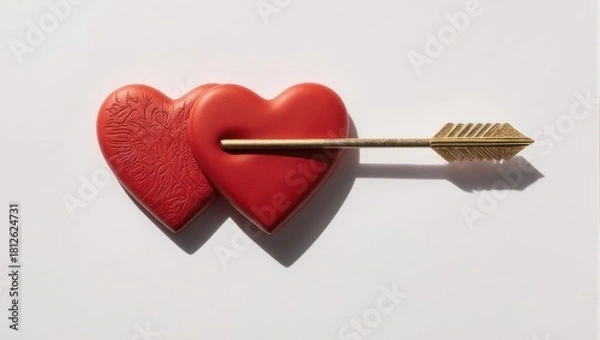 Fototapeta Two Red Hearts Pierced by a Golden Arrow Symbolizing Love and Connection.