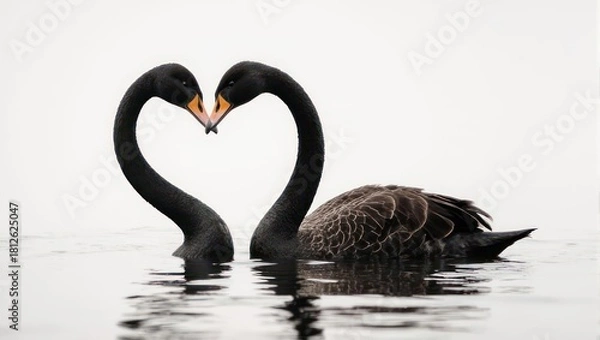Obraz Two black swans forming a heart shape with their necks in water.