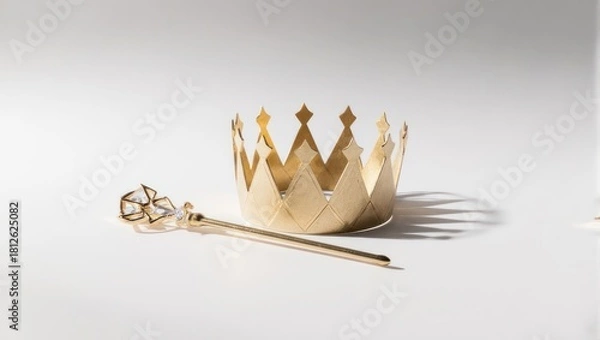 Obraz Golden Crown and Scepter on White Background with Shadows.