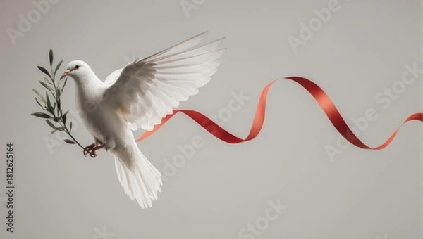 Obraz White dove flying with olive branch and red ribbon symbolizing peace and hope.