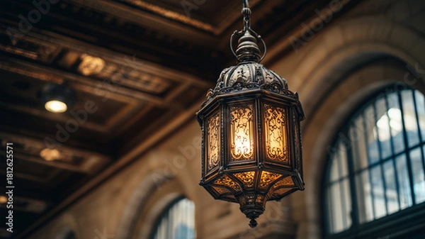 Obraz An antique brass lantern hangs from the ceiling of an old train station the light is on and illuminates the room with its warm glow intricate architectural details are in the background. Ai generated