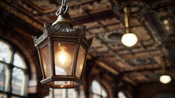 Obraz An antique brass lantern hangs from the ceiling of an old train station the light is on and illuminates the room with its warm glow intricate architectural details are in the background. Ai generated