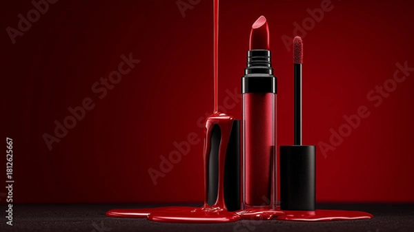 Obraz Glossy lip gloss and lipstick set on a matte surface with red liquid dripping from the top of the products against a red background in a minimalist style. Ai generated