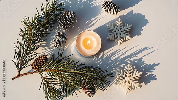 Fototapeta Tealight candle surrounded by pine branches, pinecones, and snowflakes on light surface with warm shadows