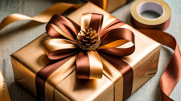 Fototapeta Gold-wrapped gift box with decorative brown and gold ribbon bow and pinecone, festive holiday wrapping scene