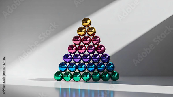 Obraz Colorful metallic spheres arranged in pyramid formation by hue on flat surface with diagonal shadows