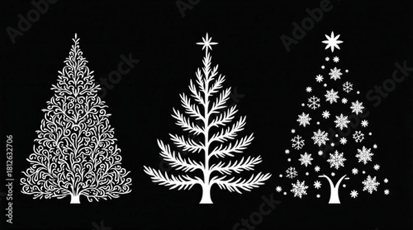 Obraz Elegant Christmas tree silhouettes in white on a black background