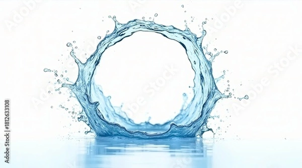 Fototapeta A perfect circular splash of crystal clear blue water captured in mid-air forming a hollow ring on the water.