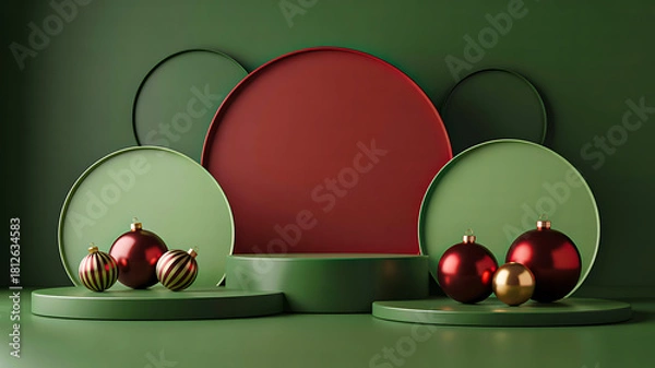 Fototapeta Christmas-themed display with red and green circular platforms and shiny ornaments on green gradient background