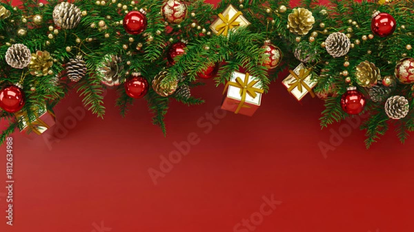 Fototapeta Christmas pine branches with red and gold ornaments, gift boxes, and pinecones on solid red background