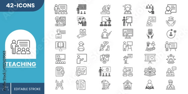 Obraz 42 Teaching Icons Set in Modern Vector Style for Education, Learning, Classroom, Online Courses, Training, School, Student Tools, and e-Learning – Fully Editable.