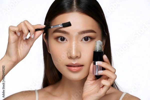 Fototapeta Eyebrow shaping tutorial asian woman using brush and brow gel product