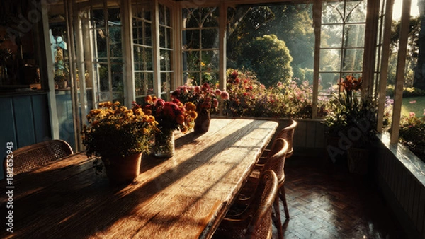 Fototapeta A sunlit conservatory features a long wooden table adorned with vibrant potted flowers, overlooking a beautiful, lush garden bathed in golden light.
