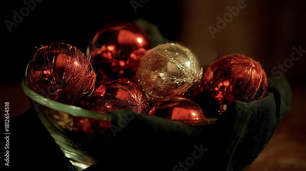 Fototapeta rich red and gold christmas ornaments arranged in a glass bowl with warm moody festive lighting