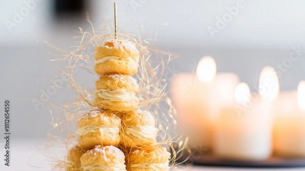 Fototapeta Cream puff dessert tower decorated with delicate sugar threads and warm candlelight in a festive setting