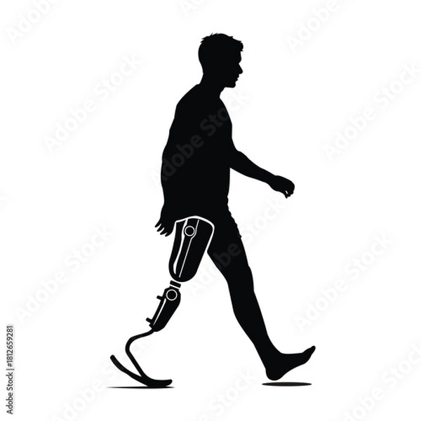 Fototapeta Silhouette of man walking with advanced running prosthetic leg, amputee athlete mobility concept, disability support illustration