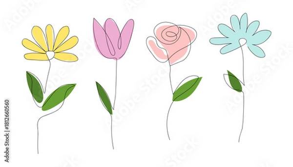 Obraz Four delicate line art flowers in pastel colors on white background