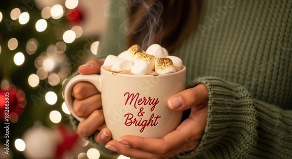 Fototapeta Cozy Christmas vibes holding a steaming mug of hot chocolate with toasted marshmallows in front of a twinkling Christmas tree for holiday cheer