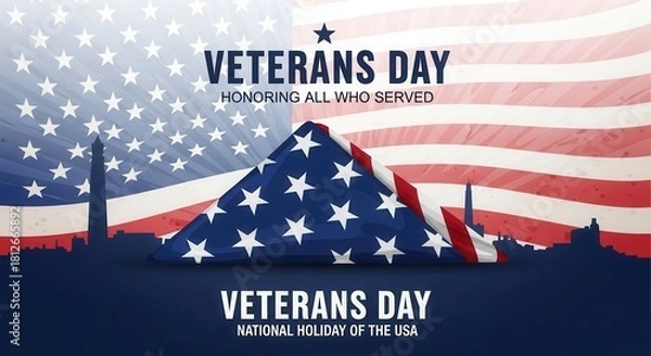 Fototapeta Patriotic Veterans Day tribute with American flag and Washington DC skyline silhouette honoring national service and sacrifice for USA pride and remembrance