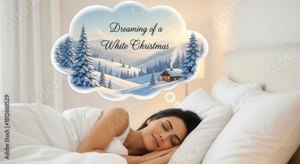 Obraz Cozy dreams of a white Christmas with snowy cabin scenery as a woman sleeps peacefully in bed, perfect for holiday marketing and winter promotions